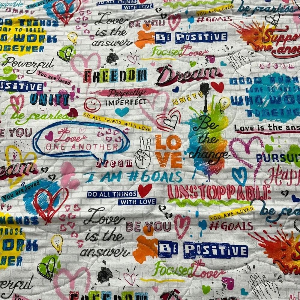 Handmade Reversible Patchwork Quilt Teal Blue Inspirational Graffiti Print 49x44